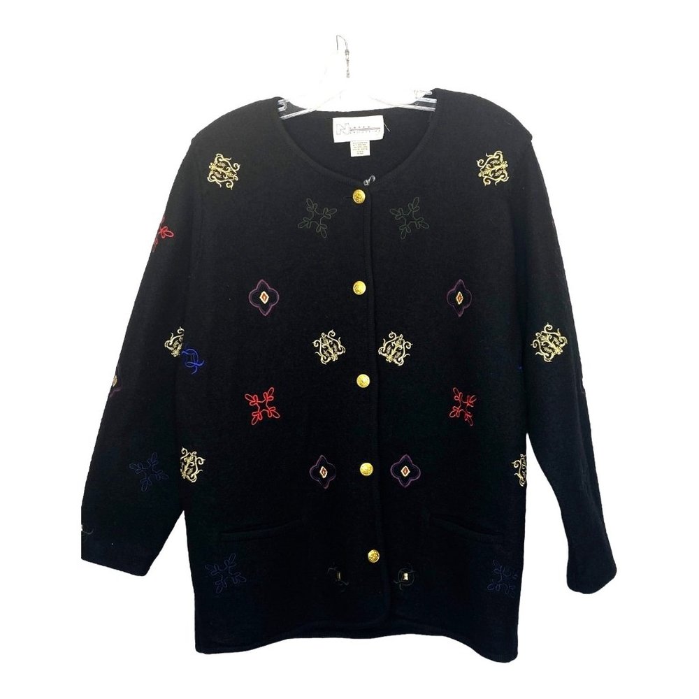 Vintage Nygard Collection Black Embroidered Wool Sweater Coatigan Cardigan L/XL*